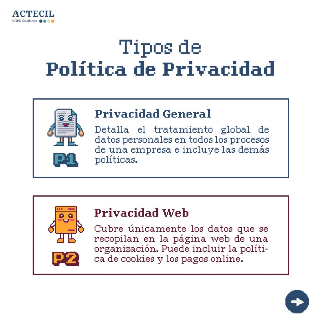 Existen dos grandes tipos de política de privacidad: general y web.